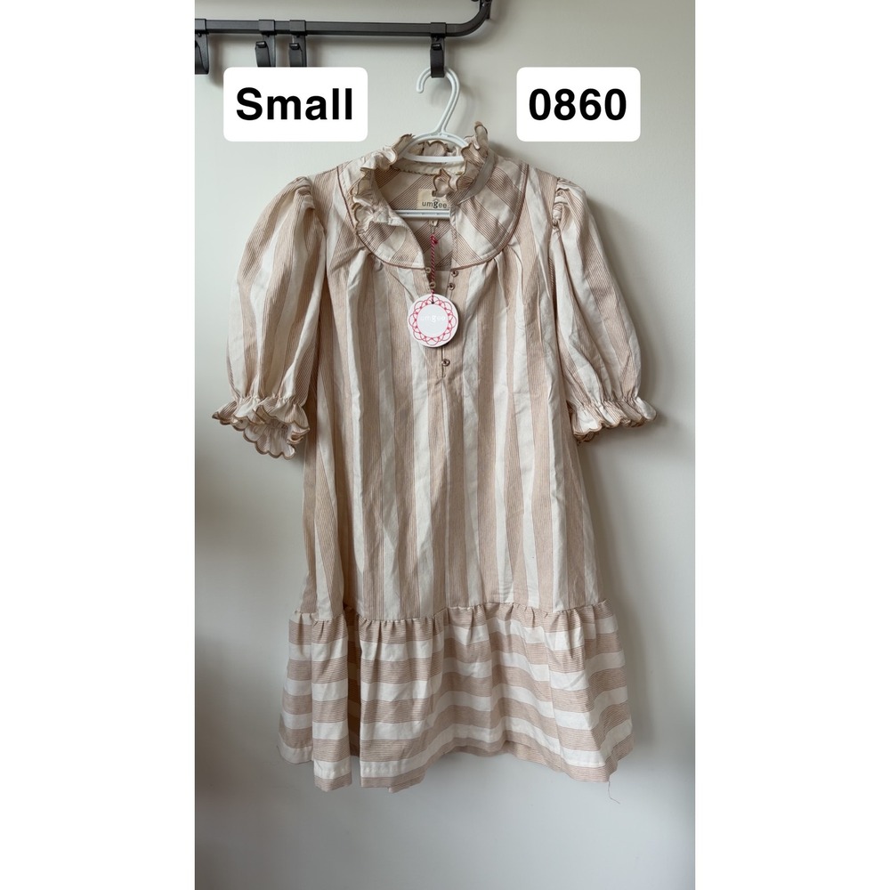Umgee Striped Ruffle Mini Dress Tan White Puff Sleeve Cottagecore Small NEW